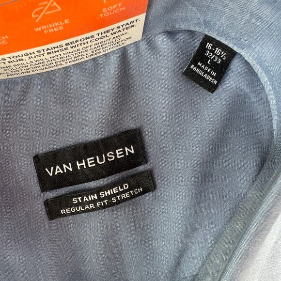 Van Heusen Mens Regular Fit Stain Shield Dress Shirt Penn Blue L 16-16.5 32/33 - Picture 2 of 3